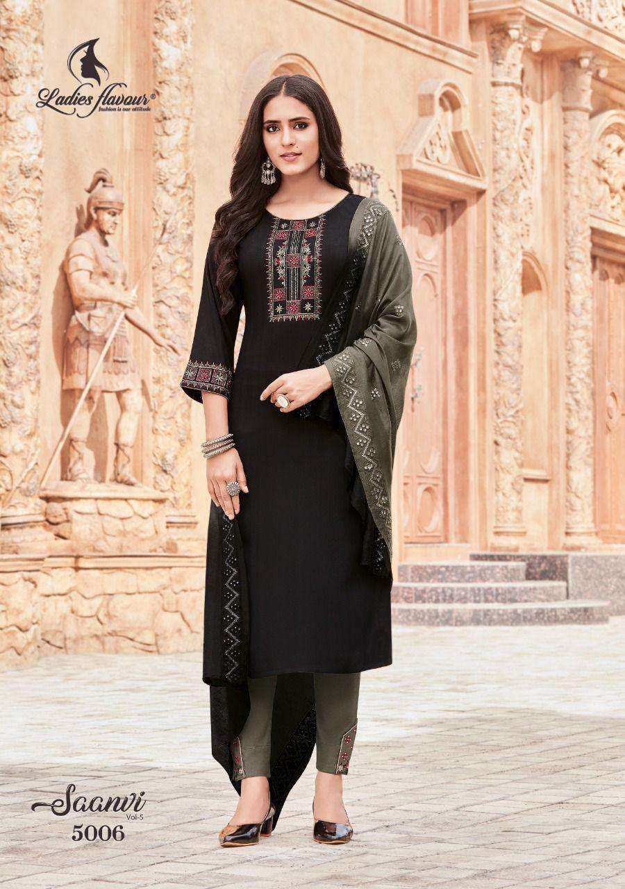 Ladies Flavour-Saanvi Vol 5-Rayon-Weaving-Embroidery-Sequence-Work-Kurti-Cotton-Slub-Lycra-Pant-Chanderi-Viscose-Mirror-Work-Dupatta-5006